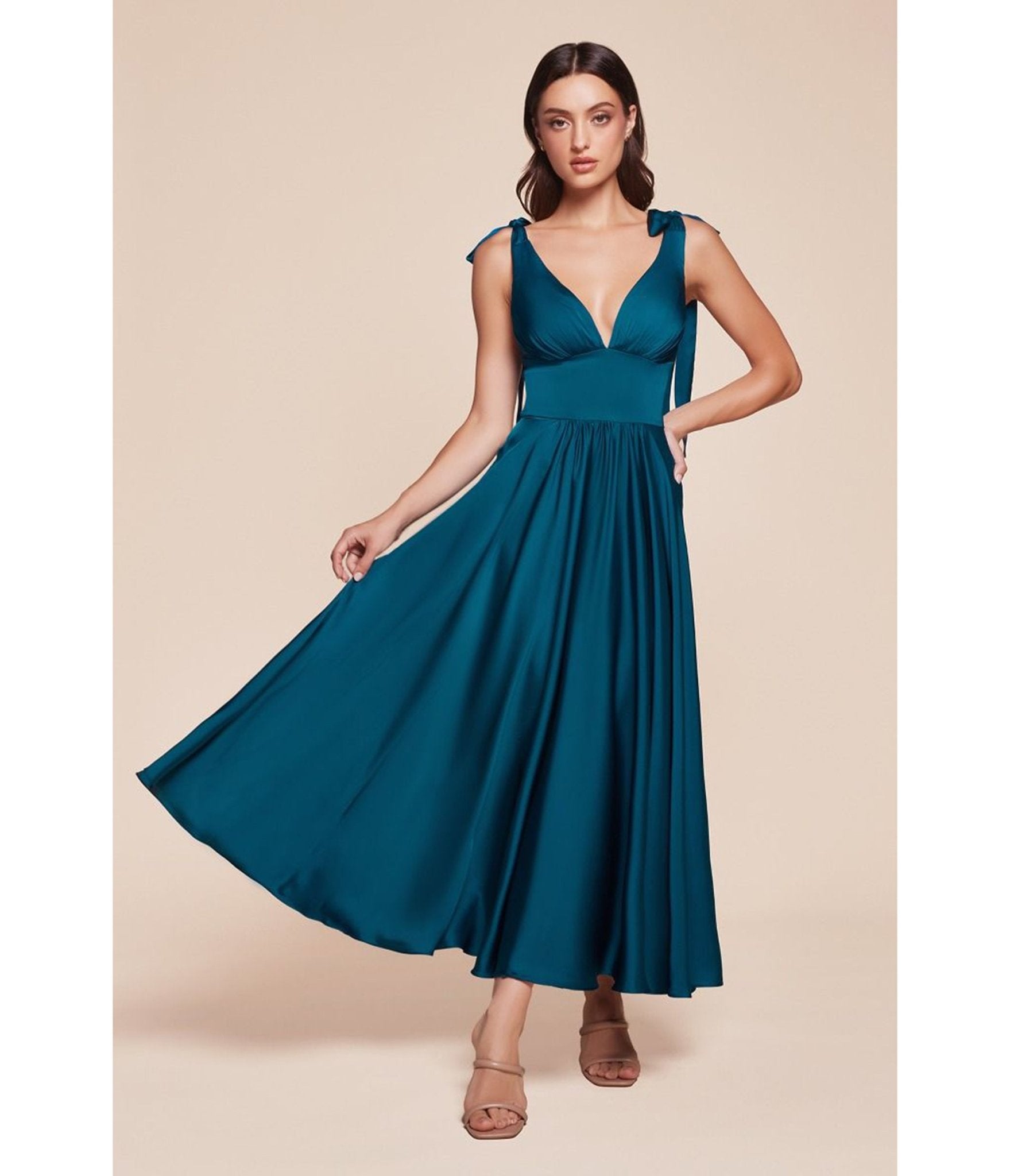 Ladivine by Cinderella Divine French Navy Tea Length Satin ALine Dress - Unique Vintage - Womens, DRESSES, SPECIAL OCCASION
