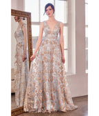 LaDivine by Cinderella Divine Gold Mist Illusion Plunging V - Neck Garden Wedding Gown - Unique Vintage - Womens