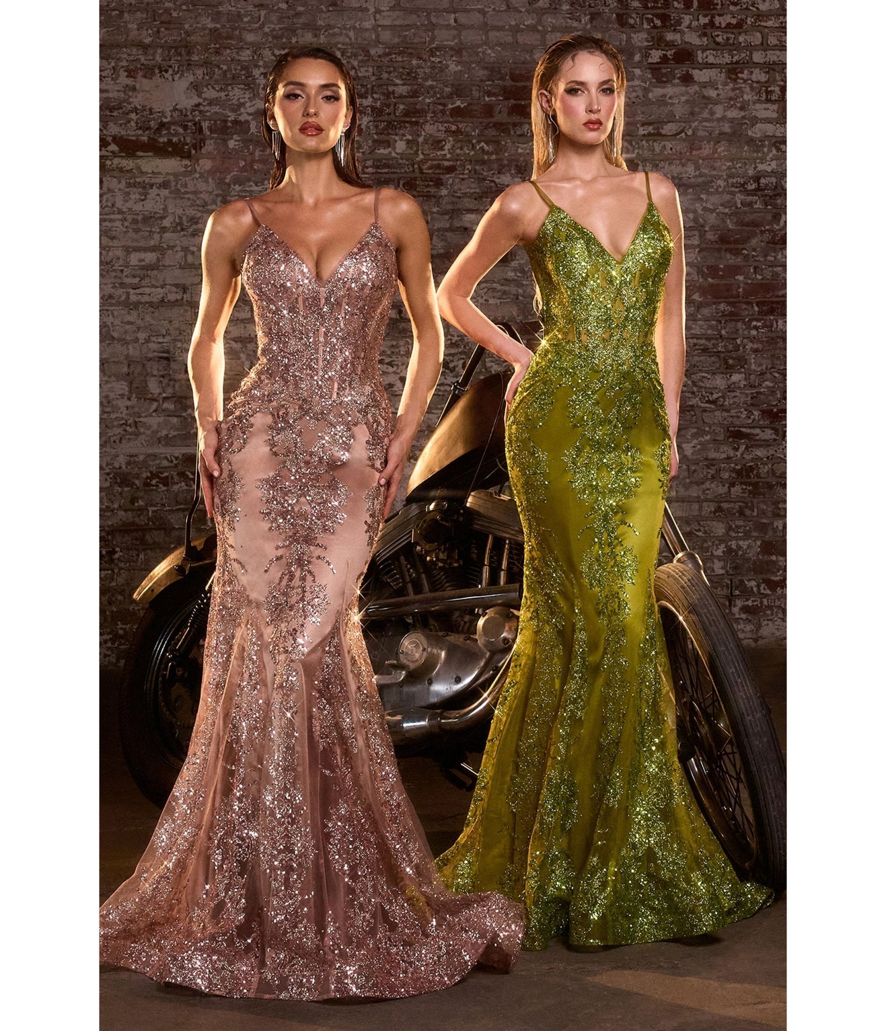 LaDivine by Cinderella Divine Greenery Sequin - Appliqué Mermaid Gown with V - Neck Sheer Bodice - Unique Vintage - Womens