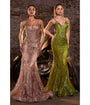 LaDivine by Cinderella Divine Greenery Sequin-Appliqué Mermaid Gown with V-Neck Sheer Bodice