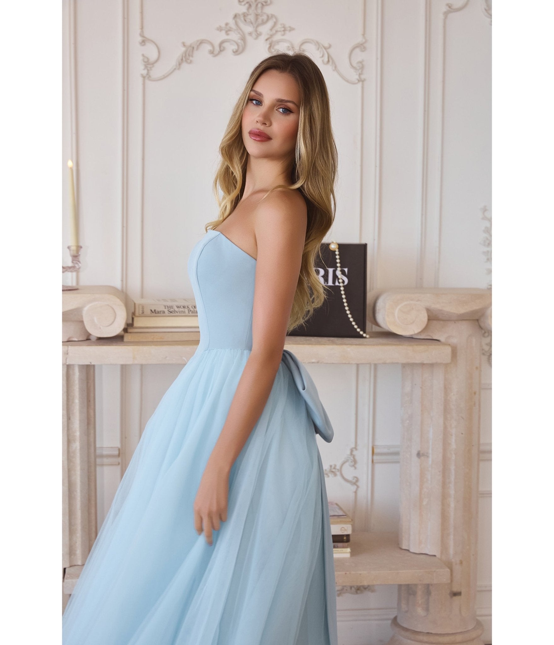 LaDivine by Cinderella Divine Light Blue Crepe Bodice Tulle Ball Gown with Statement Bow