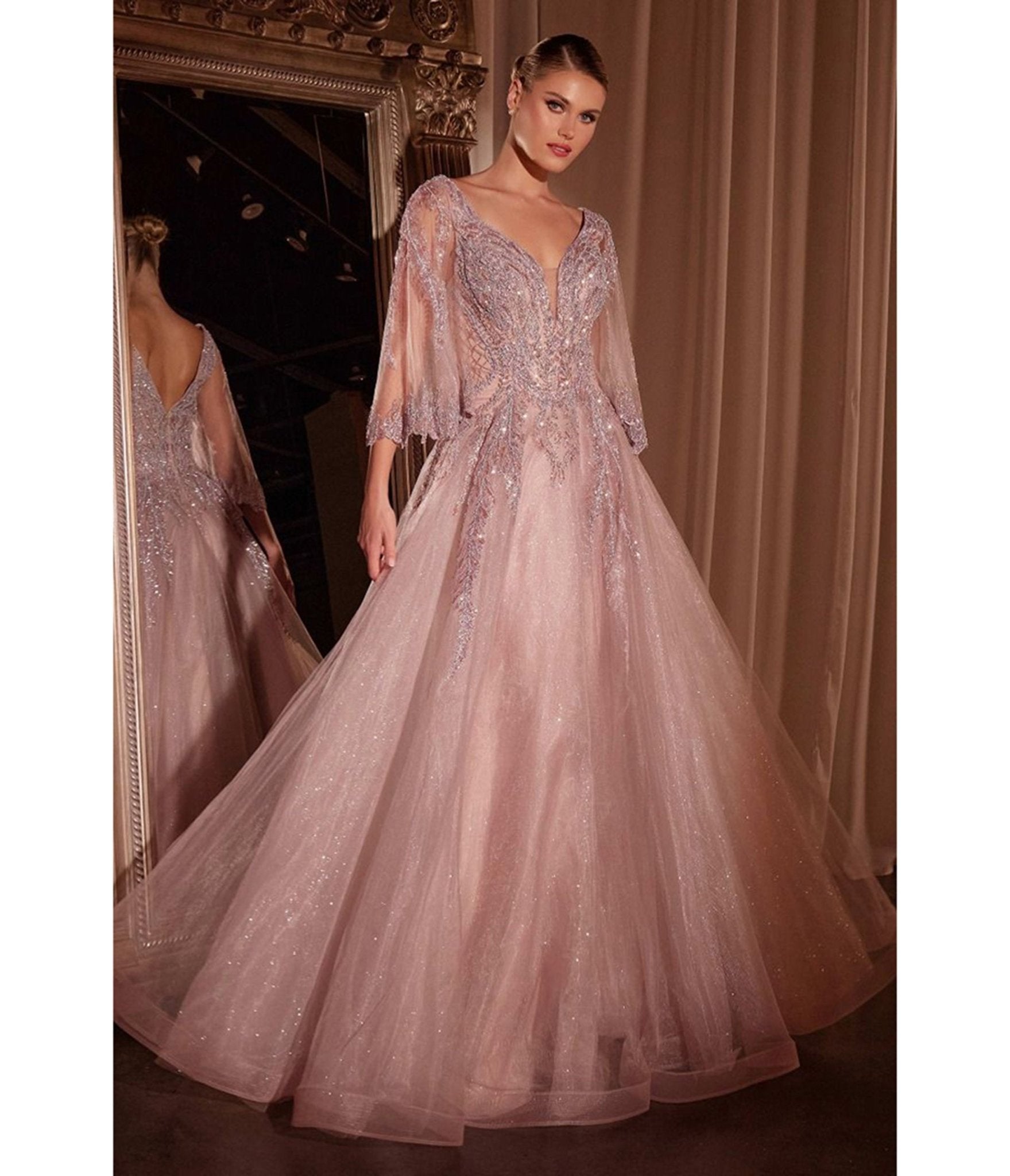 Ladivine By Cinderella Divine Mauve Applique Bell Sleeve A - line Prom Dress - Unique Vintage - Womens, DRESSES, PROM AND SPECIAL OCCASION