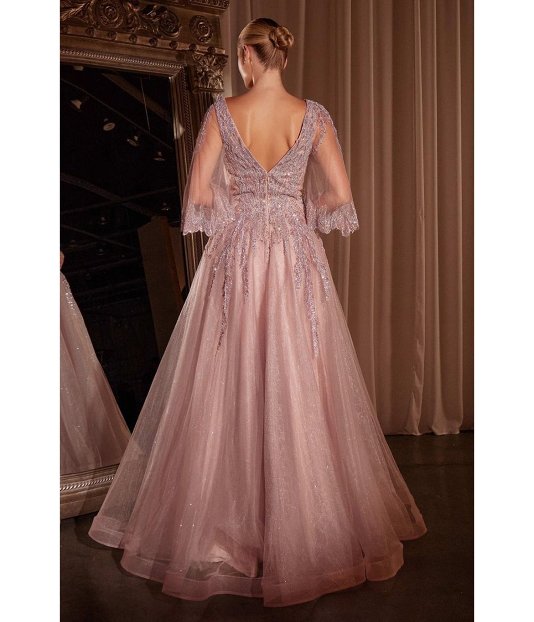 Ladivine By Cinderella Divine Mauve Applique Bell Sleeve A - line Prom Dress - Unique Vintage - Womens, DRESSES, PROM AND SPECIAL OCCASION
