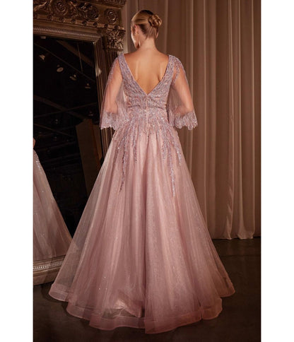 Ladivine By Cinderella Divine Mauve Applique Bell Sleeve A - line Prom Dress - Unique Vintage - Womens, DRESSES, PROM AND SPECIAL OCCASION