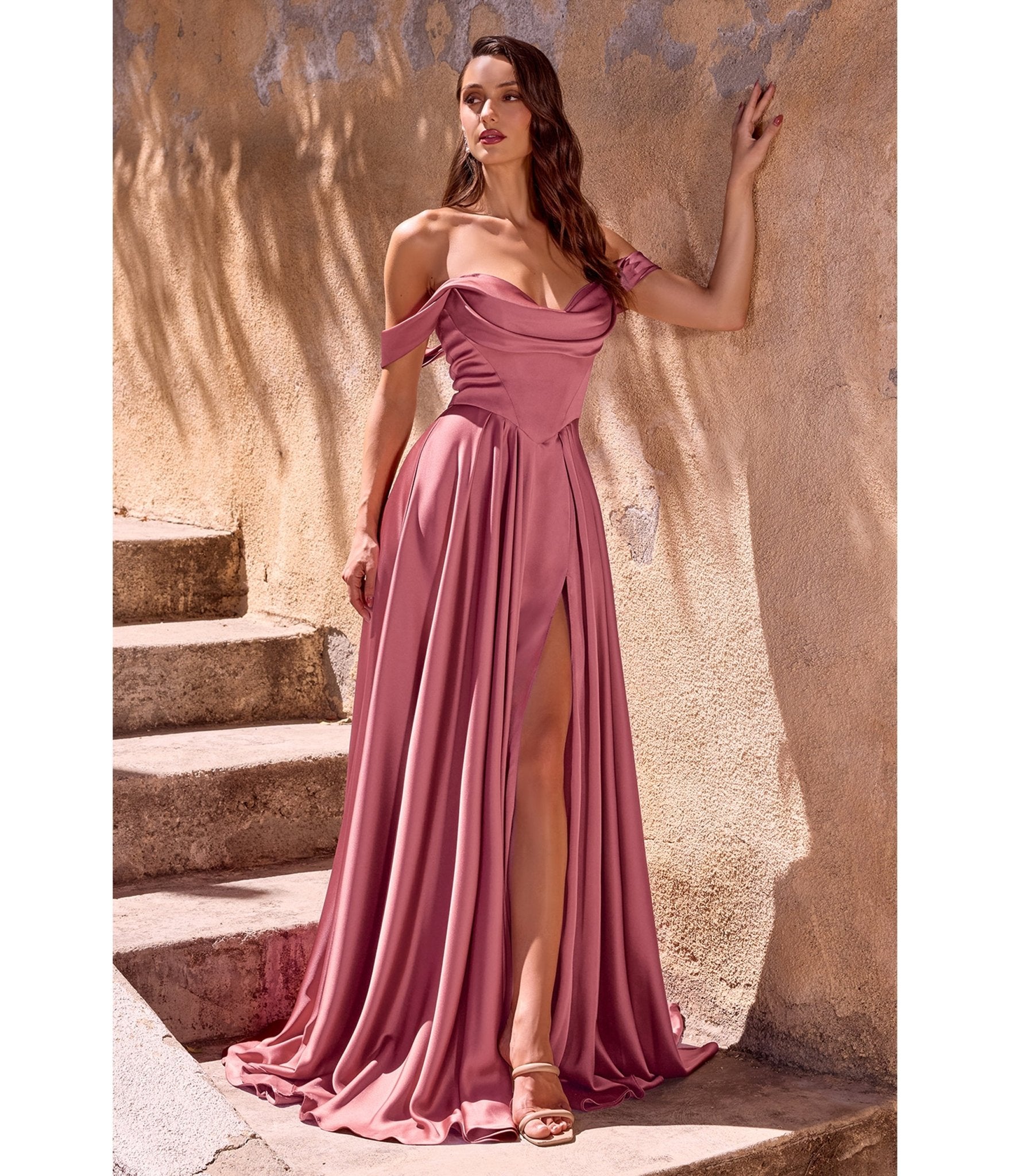 LaDivine by Cinderella Divine Mauve Rose Satin Off - Shoulder Pleated Neck Gown - Unique Vintage - Womens