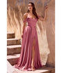 LaDivine by Cinderella Divine Mauve Rose Satin Off-Shoulder Pleated Neck Gown