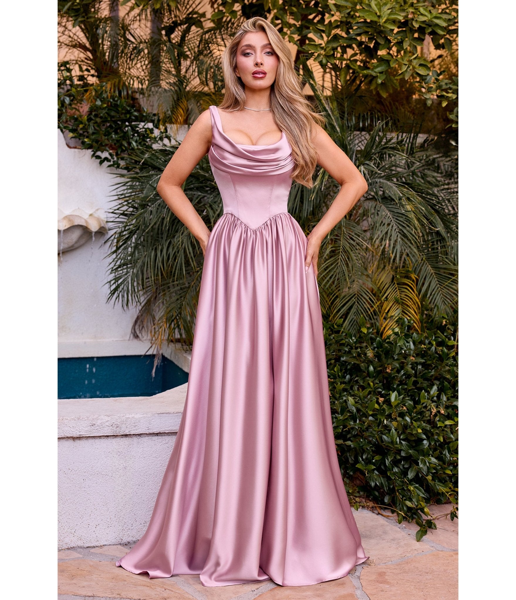 LaDivine by Cinderella Divine Mauve Satin Cowl Neck Gown - Unique Vintage - Womens