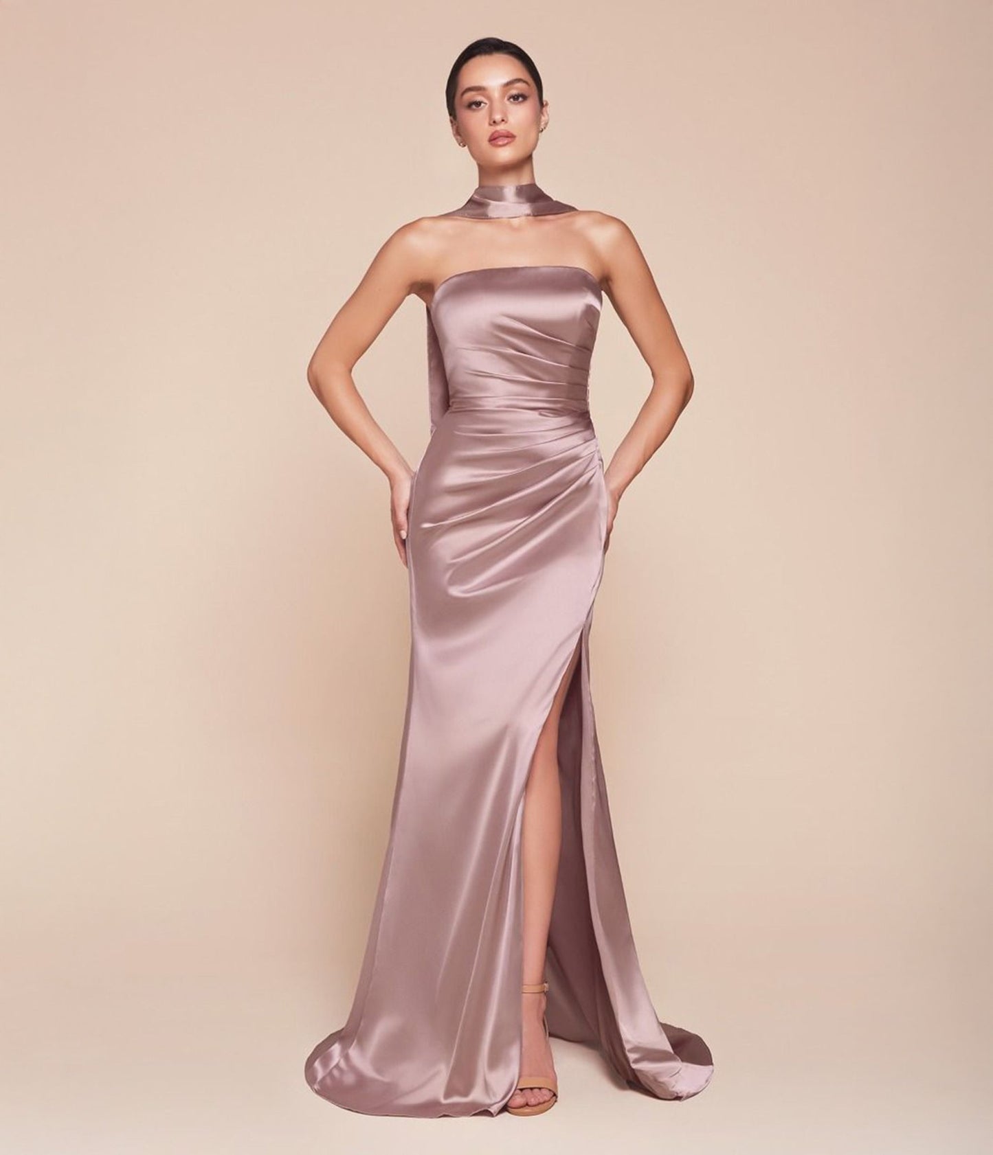 Ladivine by Cinderella Divine Mauve Strapless Satin Dress & Sash - Unique Vintage - Womens, DRESSES, PROM & SPECIAL OCCASION