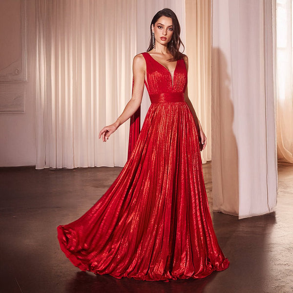 Ladivine by Cinderella Divine Metallic Red Pleated A-Line Prom Gown –  Unique Vintage