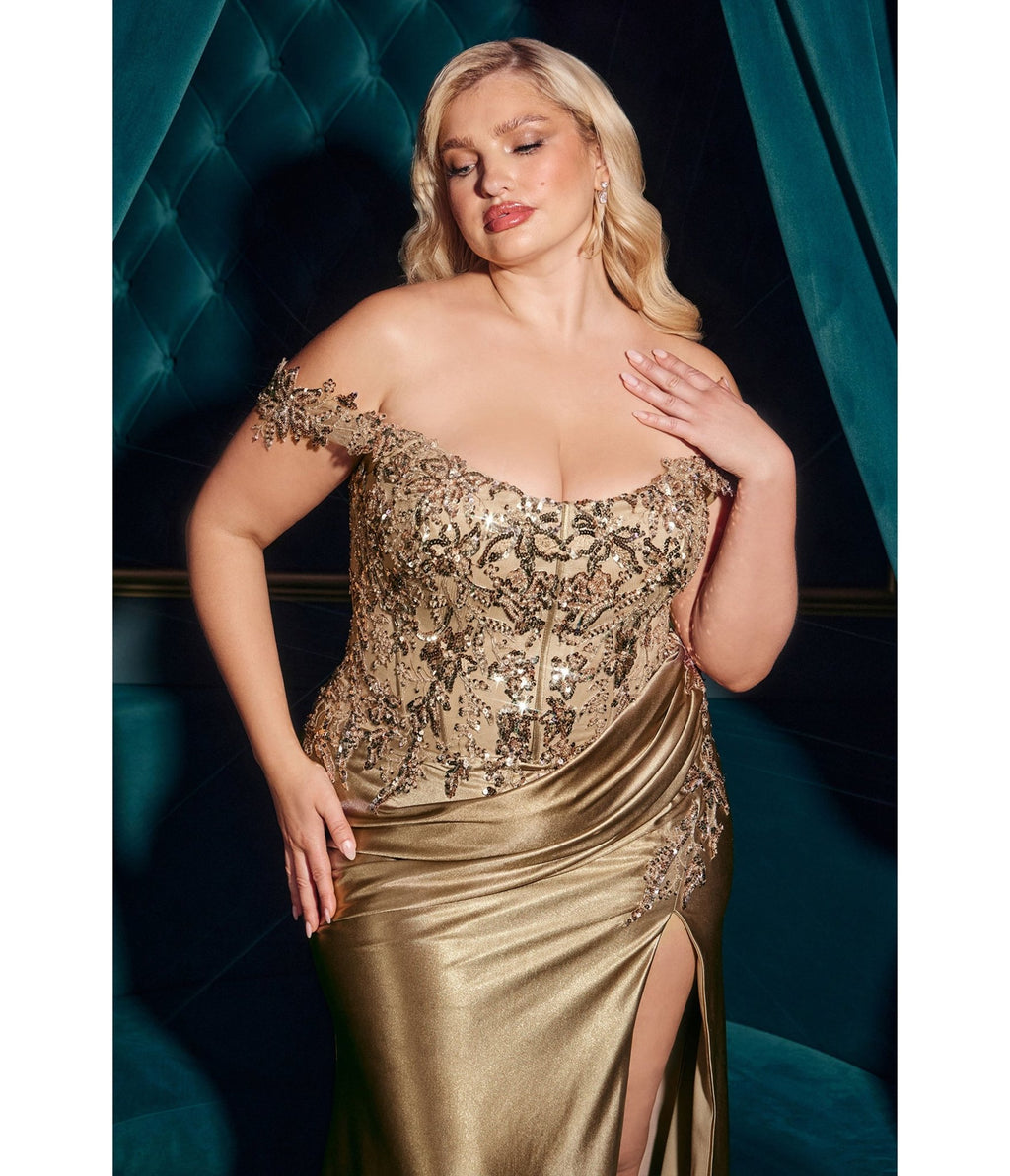 LaDivine by Cinderella Divine Mocha Gold Convertible Strapless Beaded Lace Appliqués Gown - Unique Vintage - Womens
