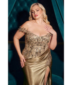 LaDivine by Cinderella Divine Mocha Gold Convertible Strapless Beaded Lace Appliqués Gown - Unique Vintage - Womens