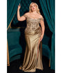 LaDivine by Cinderella Divine Mocha Gold Convertible Strapless Beaded Lace Applique Gown