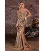 LaDivine by Cinderella Divine Mocha Gold Satin Off-Shoulder Sweatheart Neck Gown