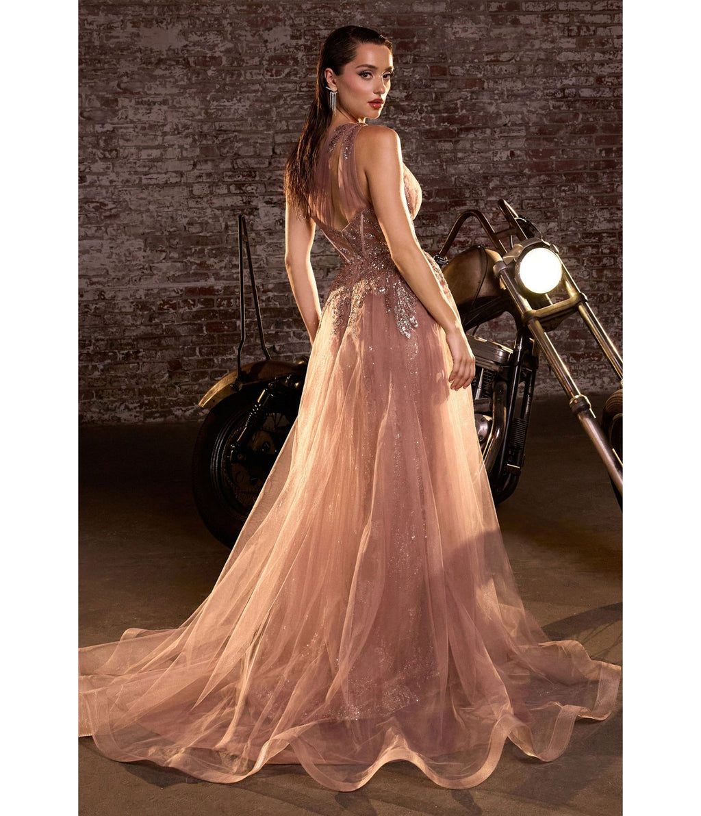LaDivine by Cinderella Divine Mocha Gold Sequin - Appliqué Mermaid Gown with V - Neck Sheer Bodice - Unique Vintage - Womens