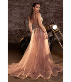 LaDivine by Cinderella Divine Mocha Gold Sequin - Appliqué Mermaid Gown with V - Neck Sheer Bodice - Unique Vintage - Womens