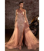LaDivine by Cinderella Divine Mocha Gold Sequin-Appliqué Mermaid Gown with V-Neck Sheer Bodice