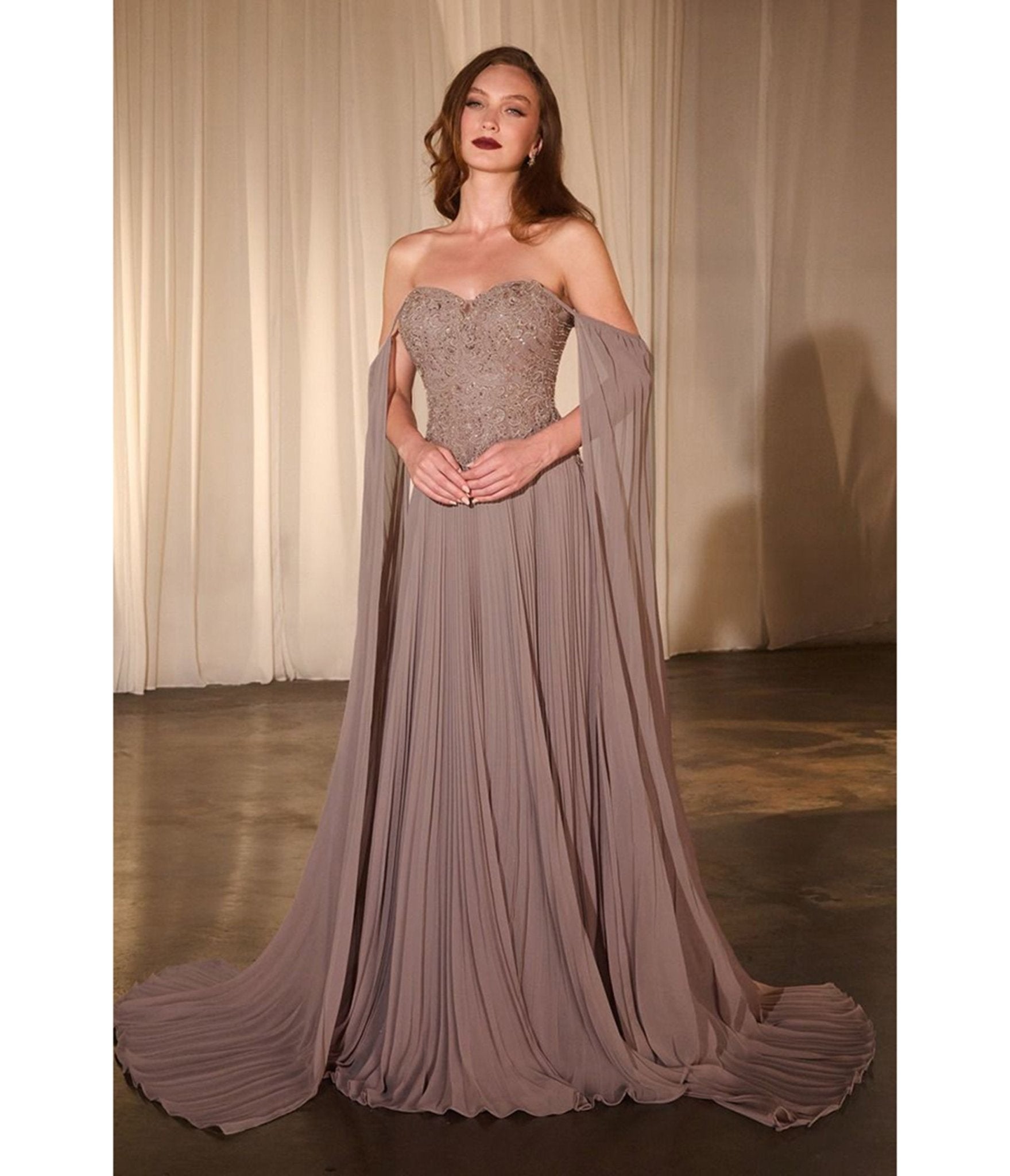 Ladivine by Cinderella Divine Mocha Pleated Cape Sleeve A - line Prom Dress - Unique Vintage - Womens, DRESSES, PROM AND SPECIAL OCCASION