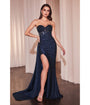 Ladivine by Cinderella Divine Navy Applique Glitter Strapless Slit Prom Dress