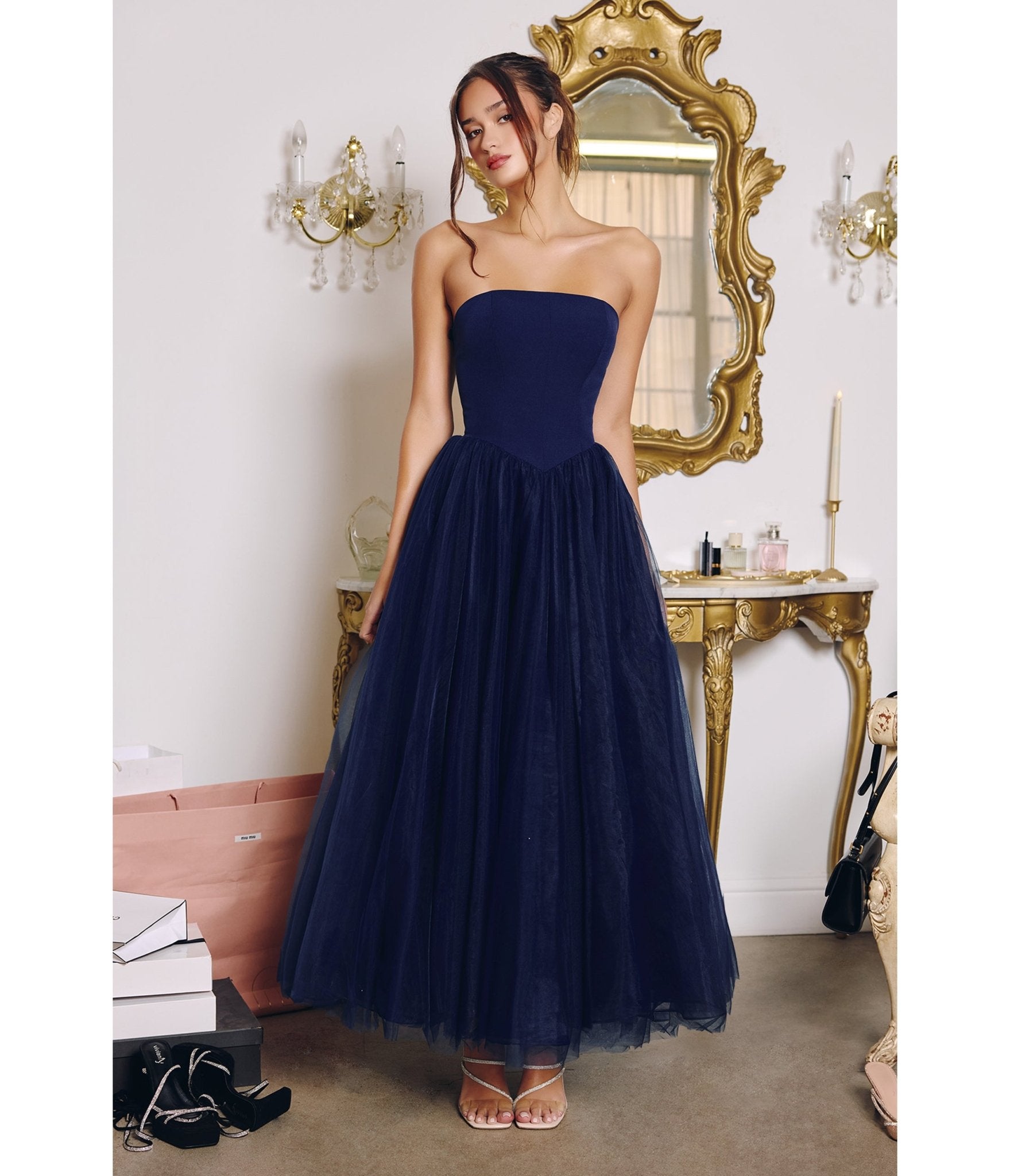 LaDivine by Cinderella Divine Navy Crepe Bodice Tulle Ball Gown with Statement Bow