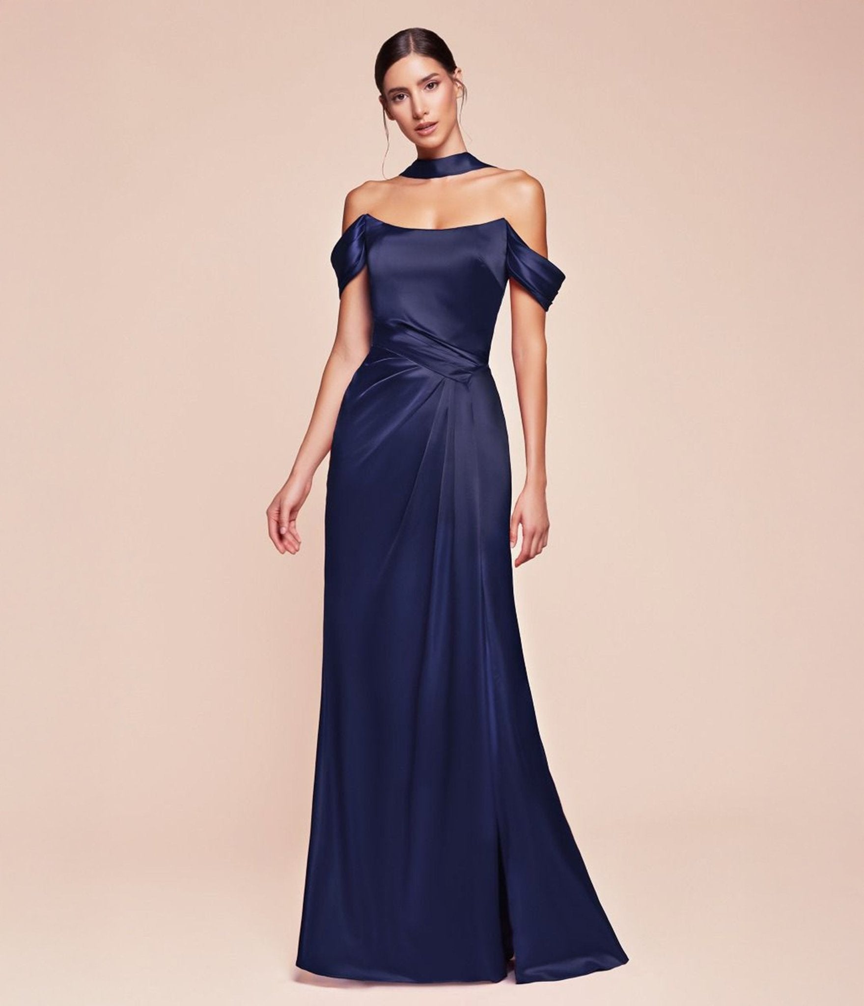 Ladivine by Cinderella Divine Navy Off The Shoulder Lace Up Corset Satin Gown - Unique Vintage - Womens, DRESSES, PROM