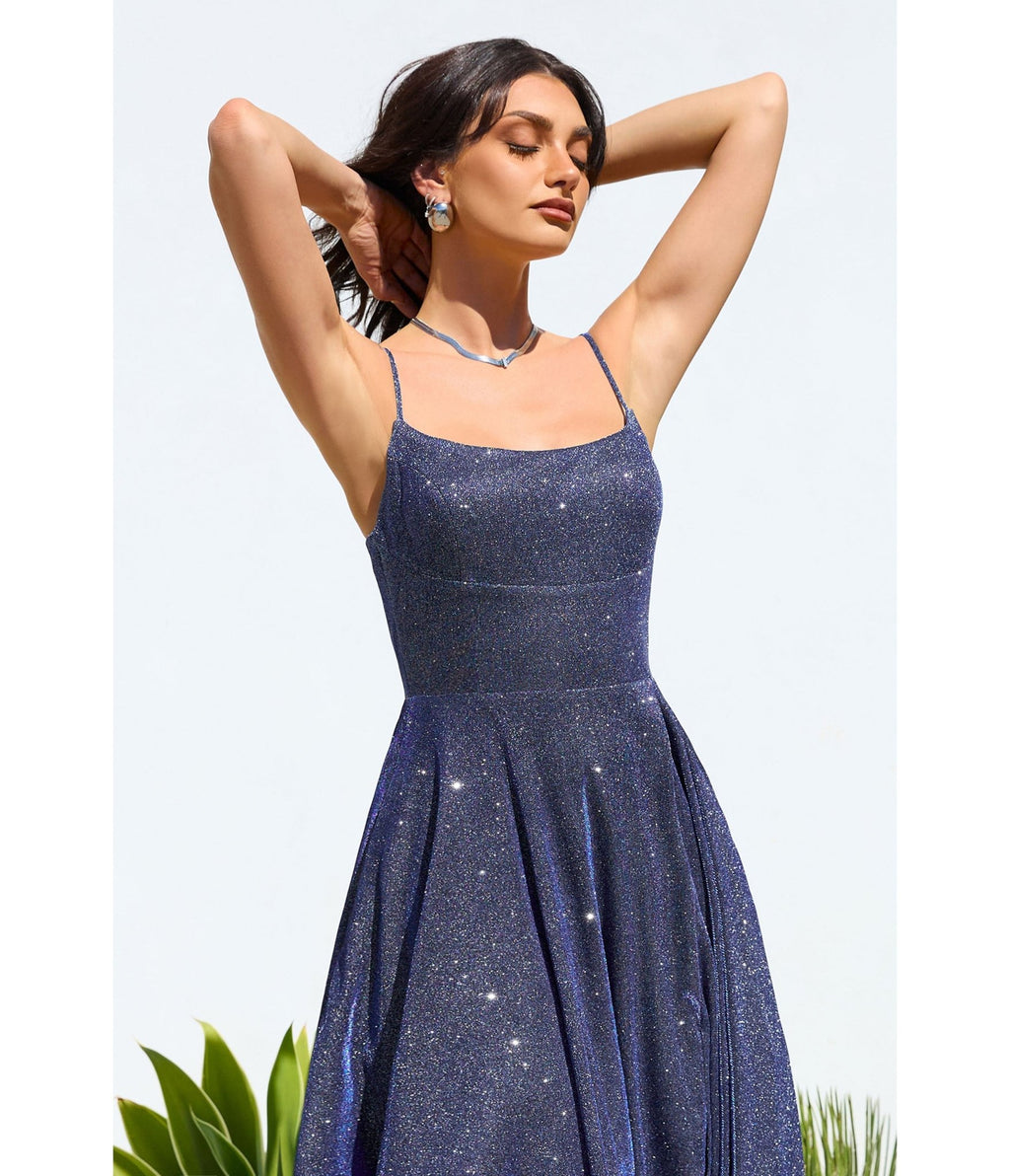 LaDivine by Cinderella Divine Navy Scoop Neck Iridescent Stretch Glitter Prom Gown - Unique Vintage - Womens