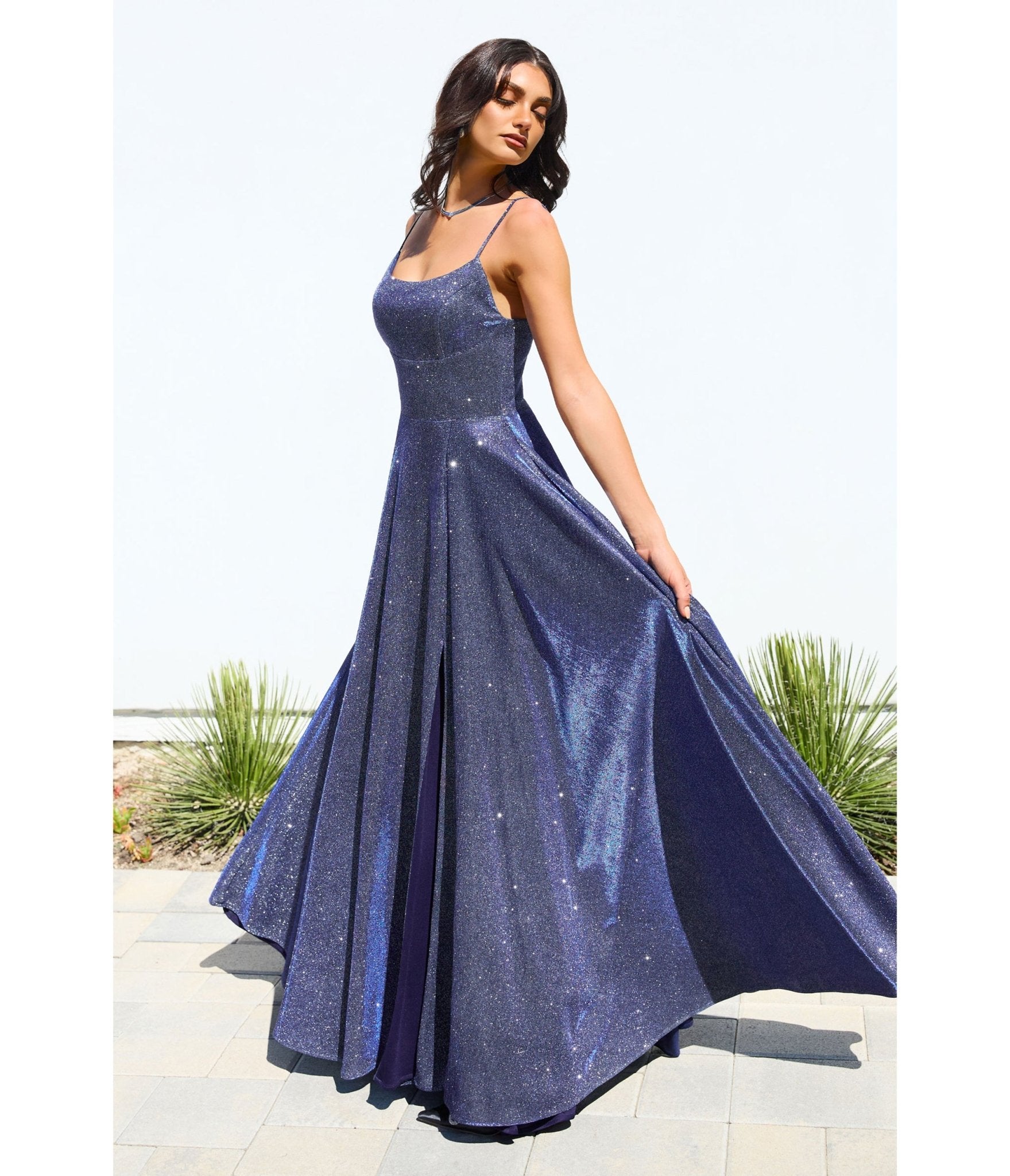 LaDivine by Cinderella Divine Navy Scoop Neck Iridescent Stretch Glitter Prom Gown - Unique Vintage - Womens