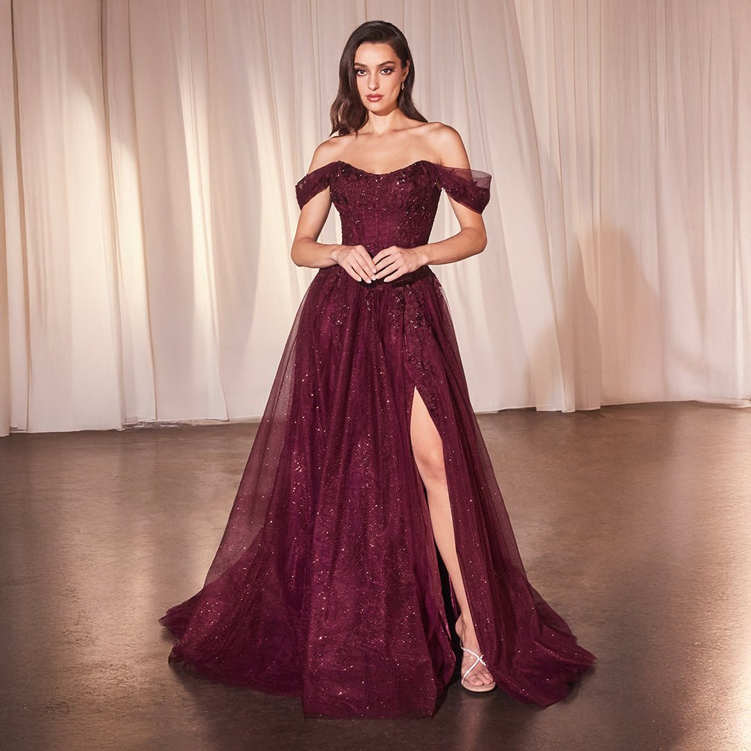 Ladivine by Cinderella Divine Plum Off The Shoulder Prom Gown - Unique Vintage - Womens