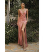 Ladivine by Cinderella Divine Rose Gold Fitted Illusion V-Neck Satin Prom Dress
