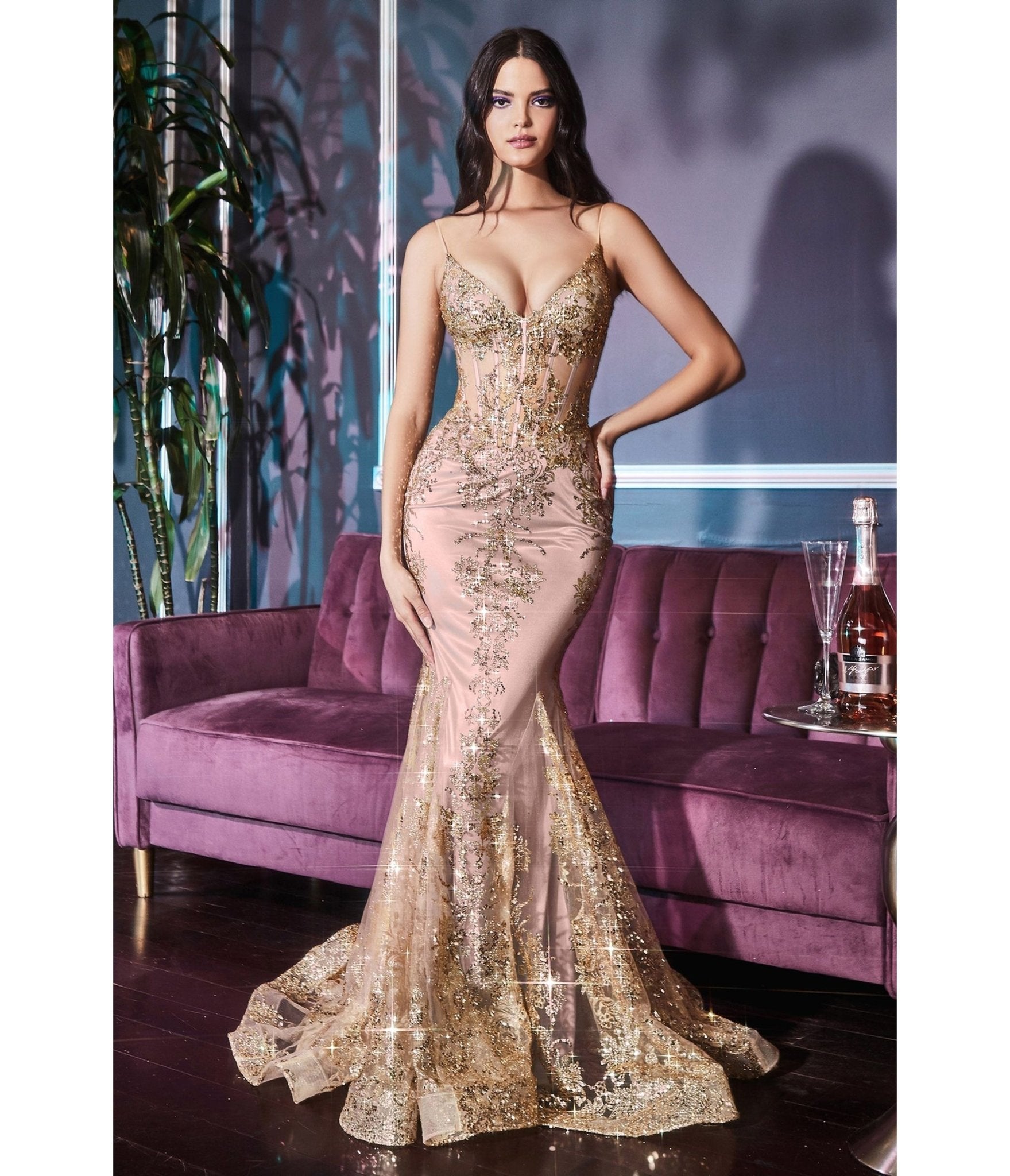 LaDivine by Cinderella Divine Rose Gold Sequin - Appliqué Mermaid Gown with V - Neck Sheer Bodice - Unique Vintage - Womens