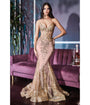 LaDivine by Cinderella Divine Rose Gold Sequin-Appliqué Mermaid Gown with V-Neck Sheer Bodice