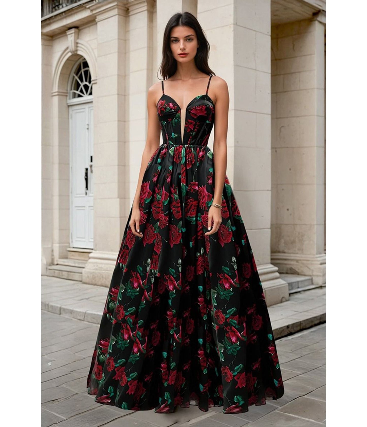 Ladivine by Cinderella Divine Rose Print Organza Prom Dress - Unique Vintage - Womens, DRESSES, PROM AND SPECIAL OCCASION