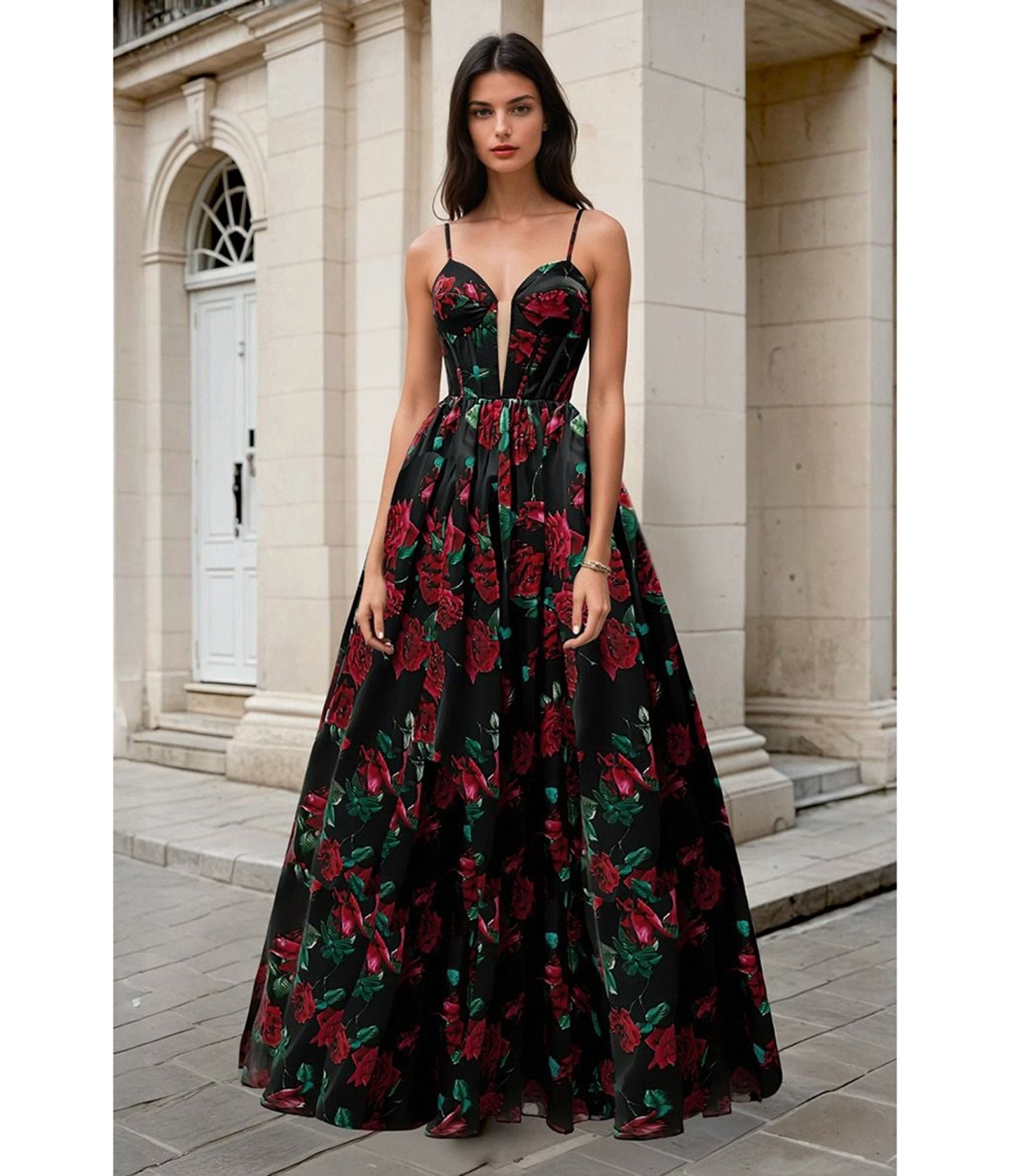 Ladivine by Cinderella Divine Rose Print Organza Prom Dress - Unique Vintage - Womens, DRESSES, PROM AND SPECIAL OCCASION