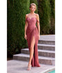 LaDivine by Cinderella Divine Sienna Rose Draped Off-Shoulder Pleated Luminescent Gown