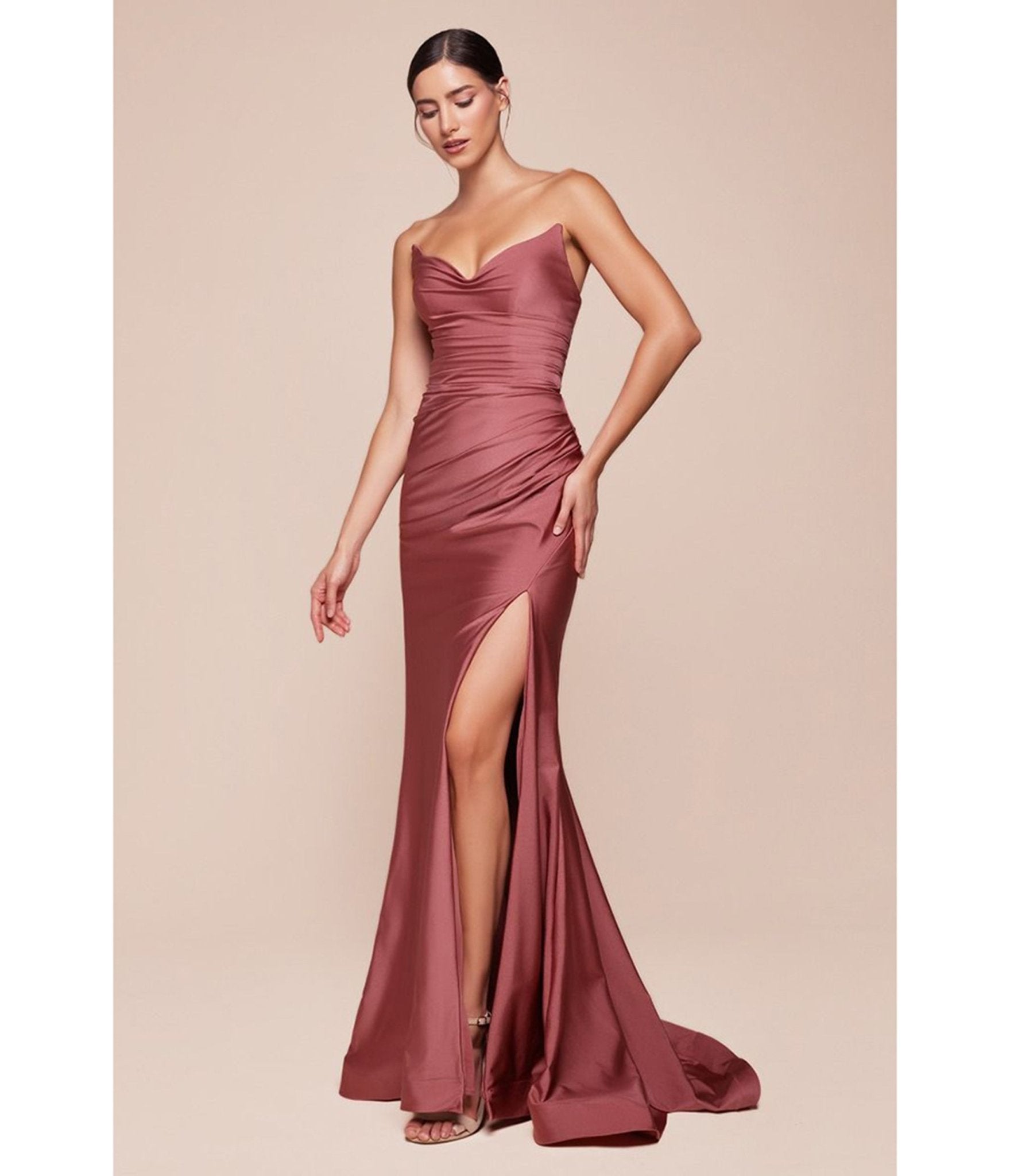 Ladivine by Cinderella Divine Sienna Rose Satin Fitted Strapless Slit Prom Dress - Unique Vintage - Womens, DRESSES, PROM AND SPECIAL OCCASION
