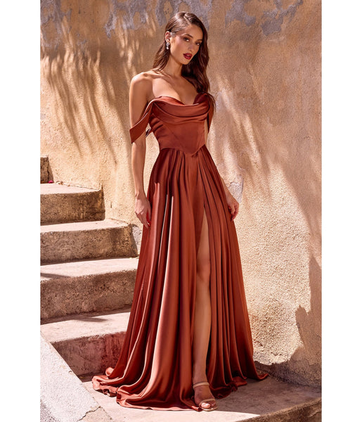 sienna satin pleated off shoulder midi dress LaDivine by Cinderella Divine Sienna Satin Off-Shoulder Pleated Neck Gown