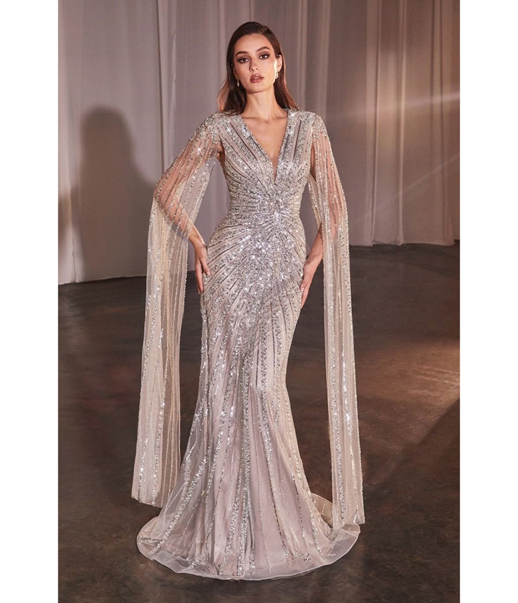 Ladivine by Cinderella Divine Silver Nude Beaded Cape Sleeve Slit Prom Dress - Unique Vintage - Womens, DRESSES, PROM AND SPECIAL OCCASION