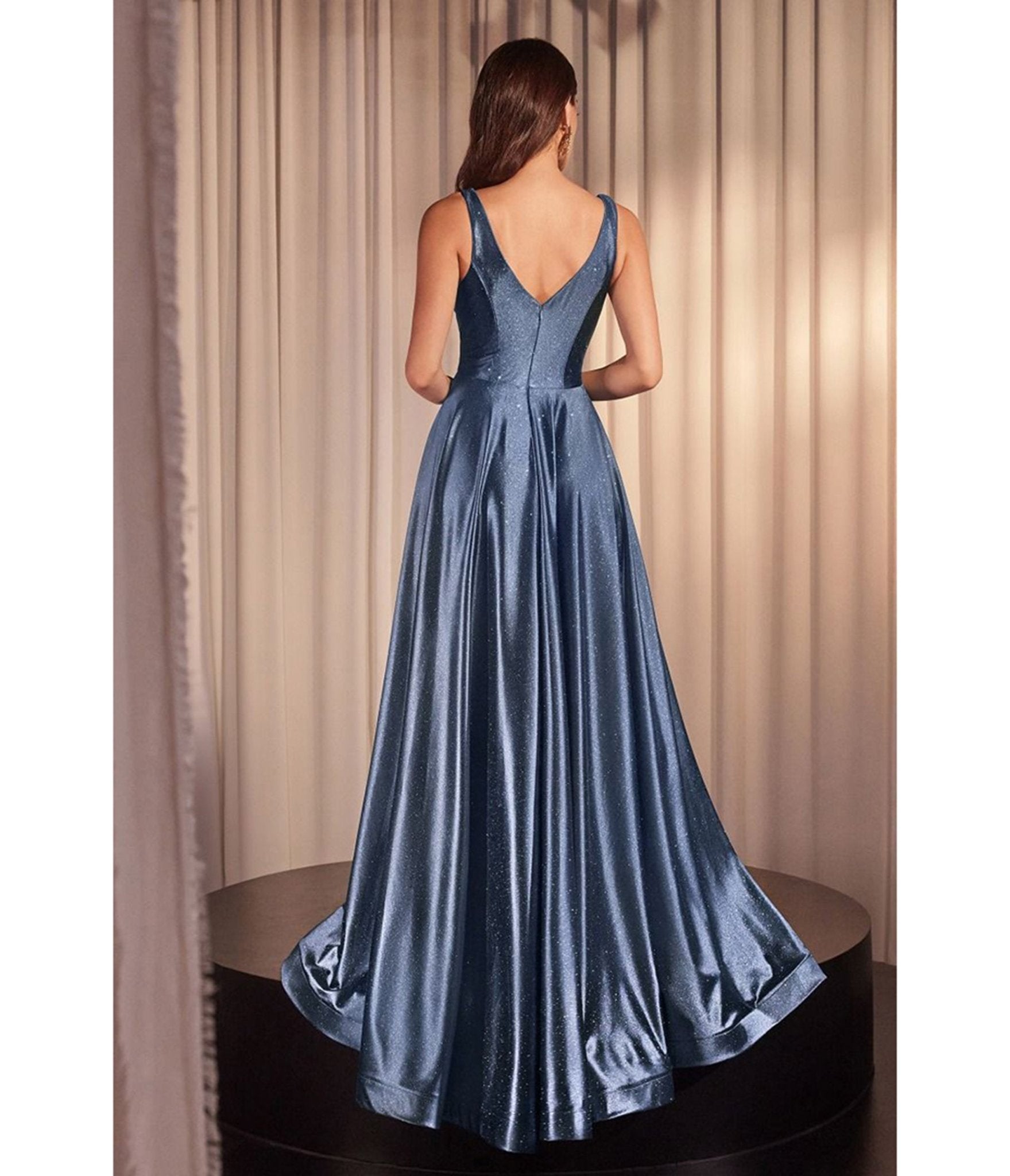 Ladivine by Cinderella Divine Smoky Blue Glitter Satin Sleeveless A Line Prom Dress - Unique Vintage - Womens, DRESSES, PROM