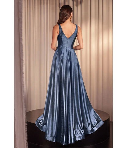 Ladivine by Cinderella Divine Smoky Blue Glitter Satin Sleeveless A Line Prom Dress - Unique Vintage - Womens, DRESSES, PROM