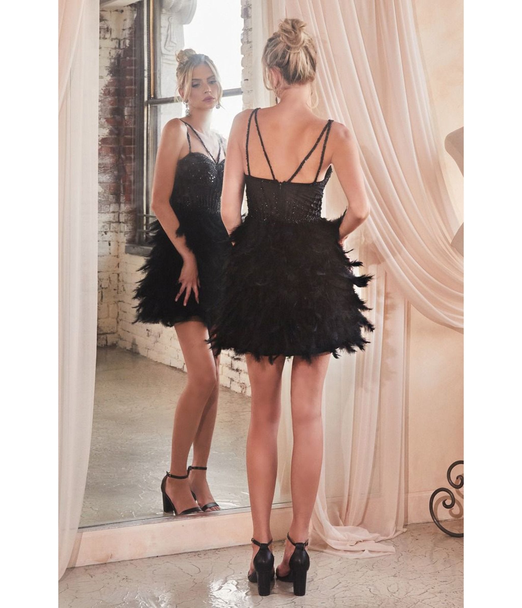 Ladivine by Cinderella Feathered Short Little Black Dress - Unique Vintage - Womens, DRESSES, PROM AND SPECIAL OCCASION
