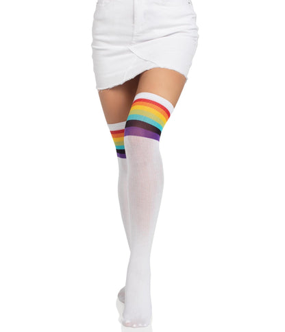 Leg Avenue Nia White & Rainbow Stripe Thigh High Stockings - Unique Vintage - Womens, ACCESSORIES, HOSIERY