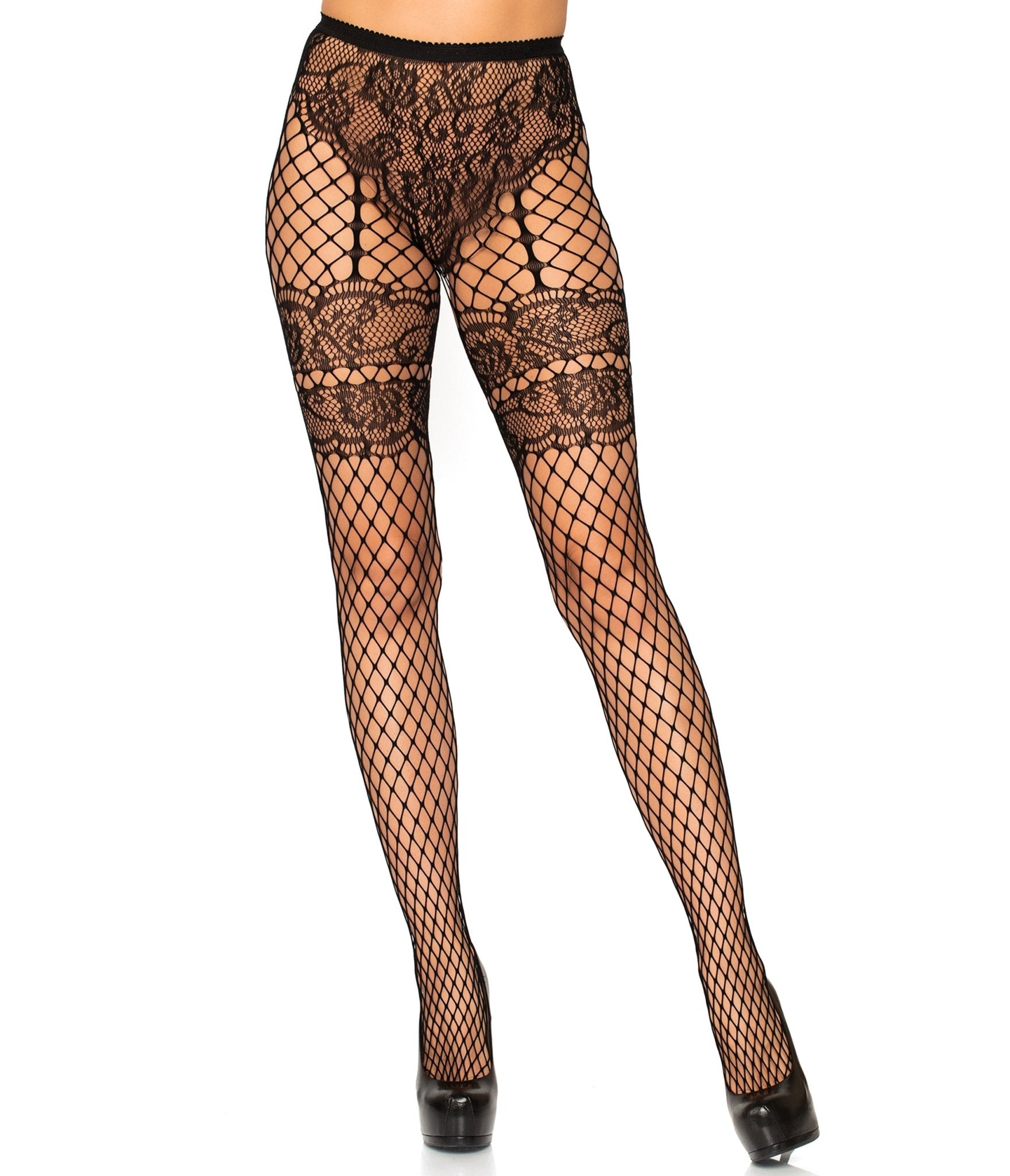 Leg Avenue Sheila Lace Faux Garter Fishnet Tights - Unique Vintage - Womens, ACCESSORIES, HOSIERY