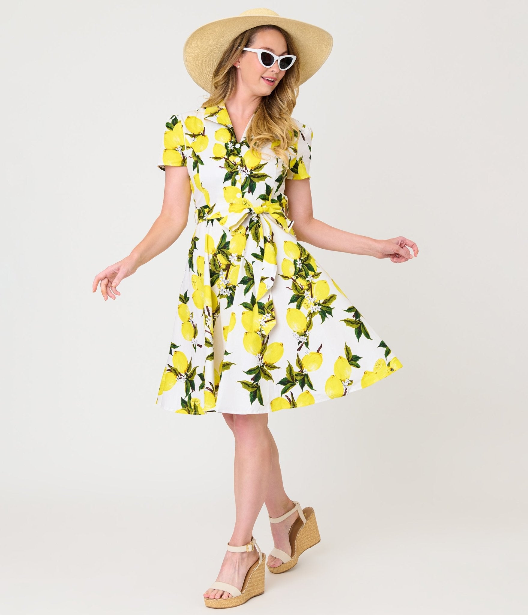 Lemon Yellow Button - Up Swing Dress - Unique Vintage - Womens, DRESSES, SWING