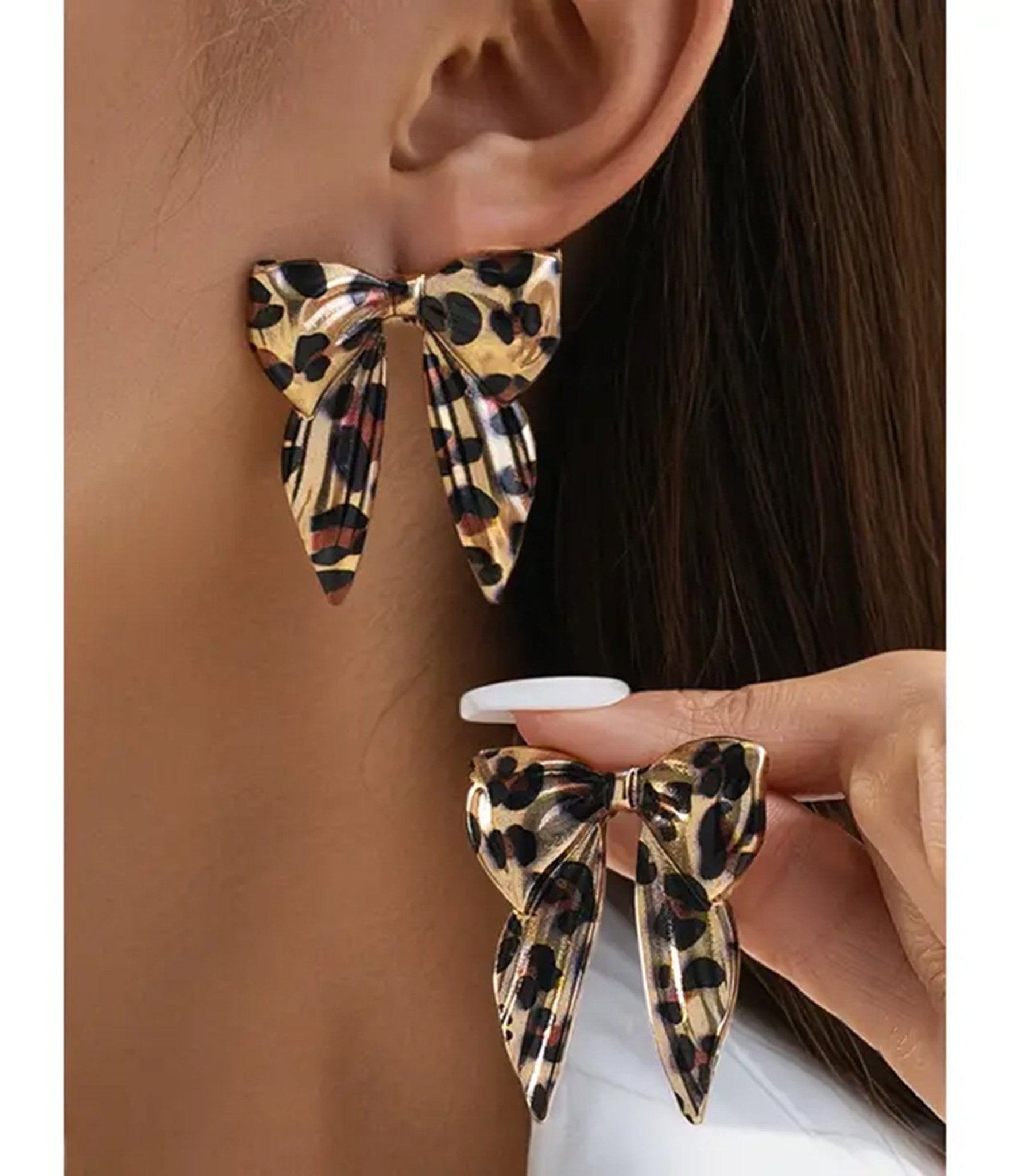 Leopard Print Bow Earrings - Unique Vintage - Womens, ACCESSORIES, JEWELRY