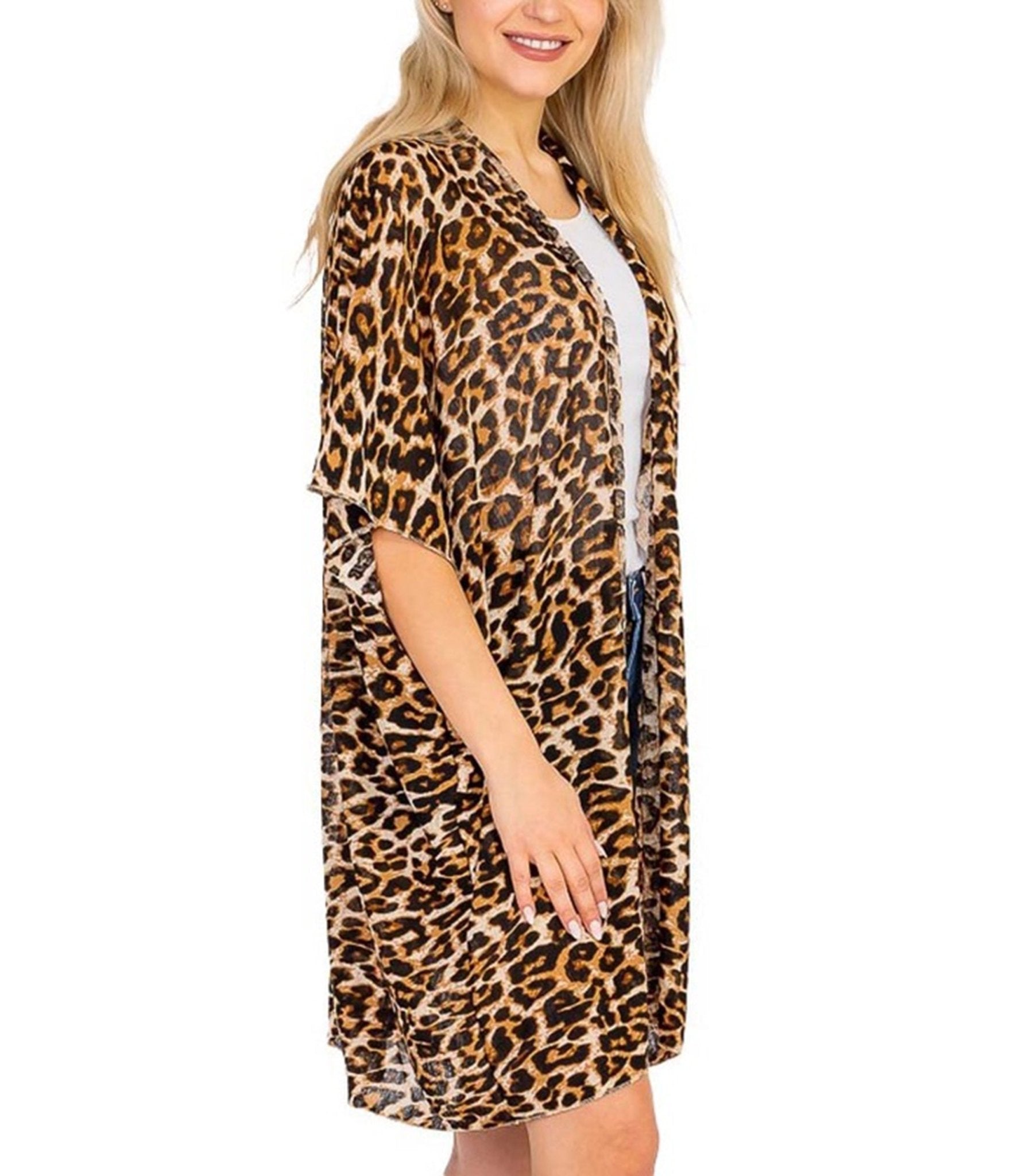Leopard Print Open Front Kimono - Unique Vintage - Womens, SWIM, COVERUPS