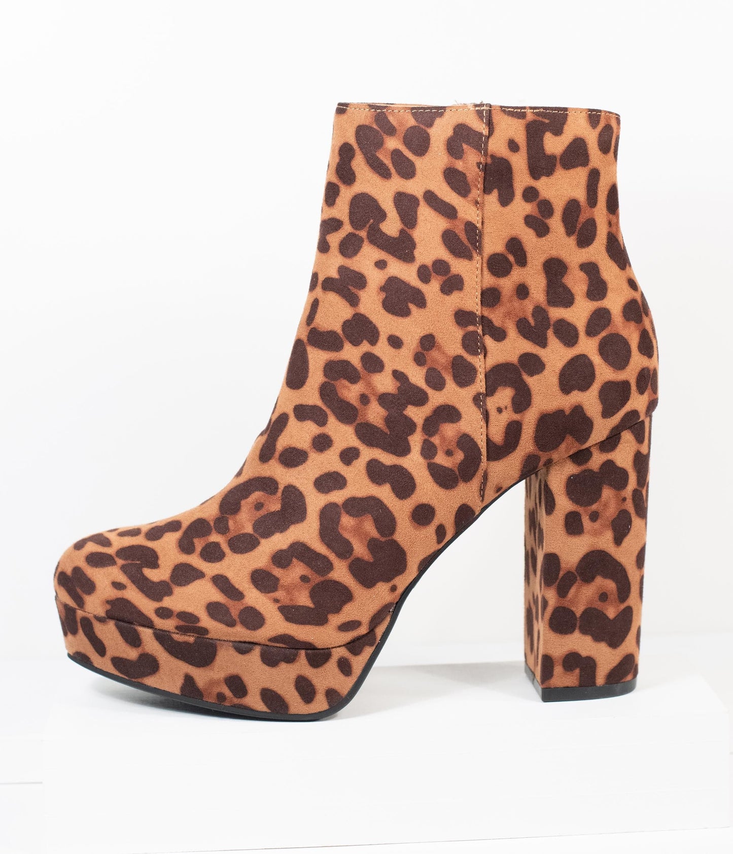 Leopard Print Suede Platform Heel Booties - Unique Vintage - Womens, SHOES, BOOTS