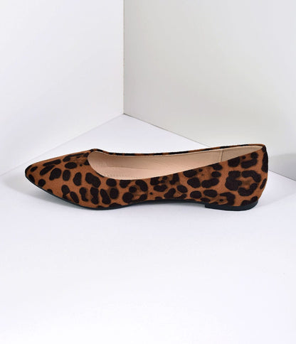 Leopard Print Suede Pointed Toe Flats - Unique Vintage - Womens, SHOES, FLATS