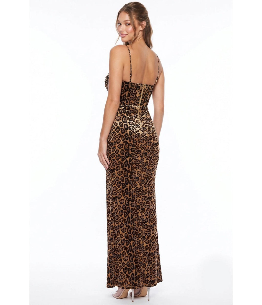 Leopard Print Velvet Mermaid Maxi Dress - Unique Vintage - Maxi Dresses