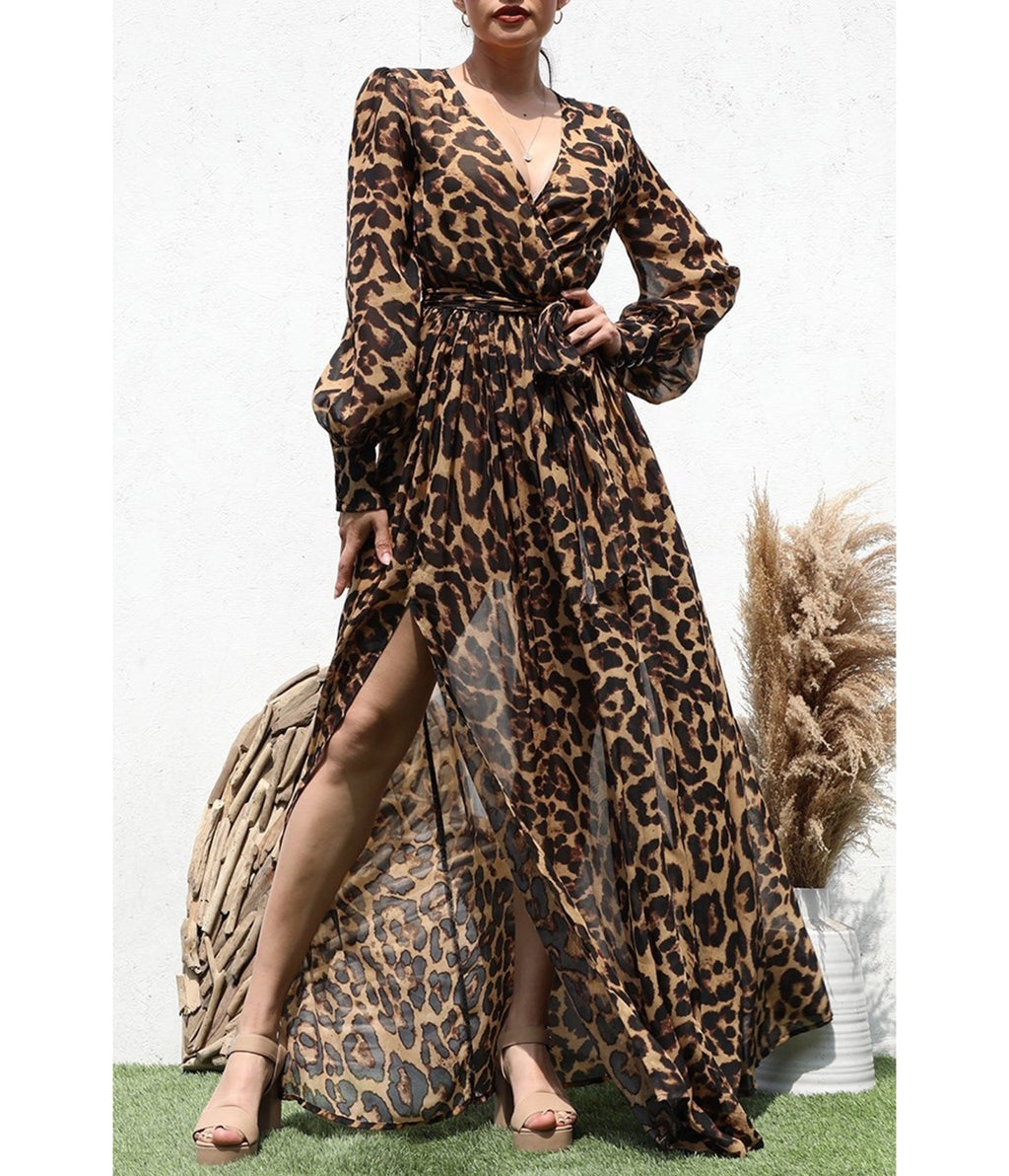 Leopard V Neck Maxi Dress - Unique Vintage - Maxi Dresses