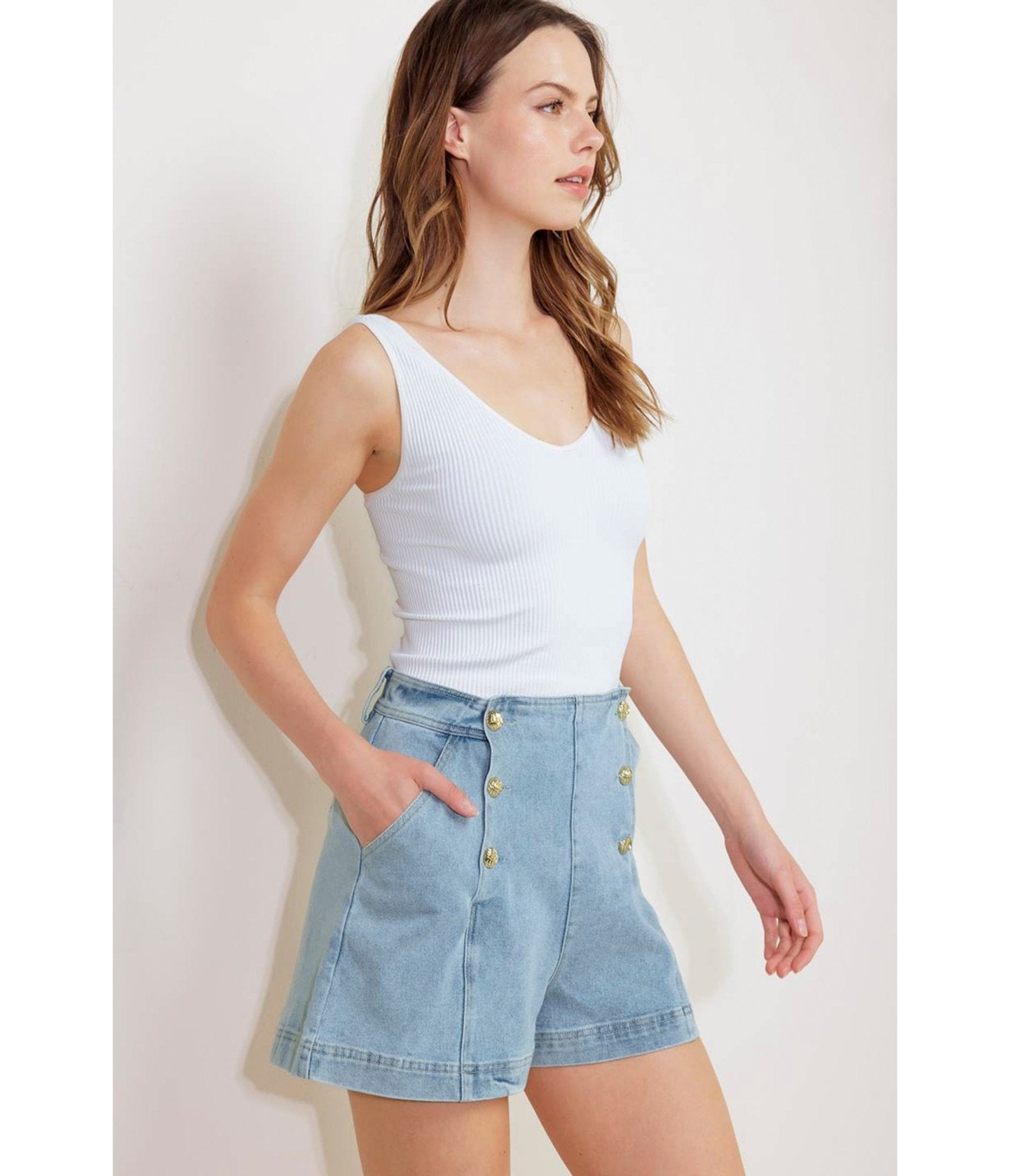 Light Blue Denim Chamomile Woven Shorts - Unique Vintage - Womens, BOTTOMS, SHORTS