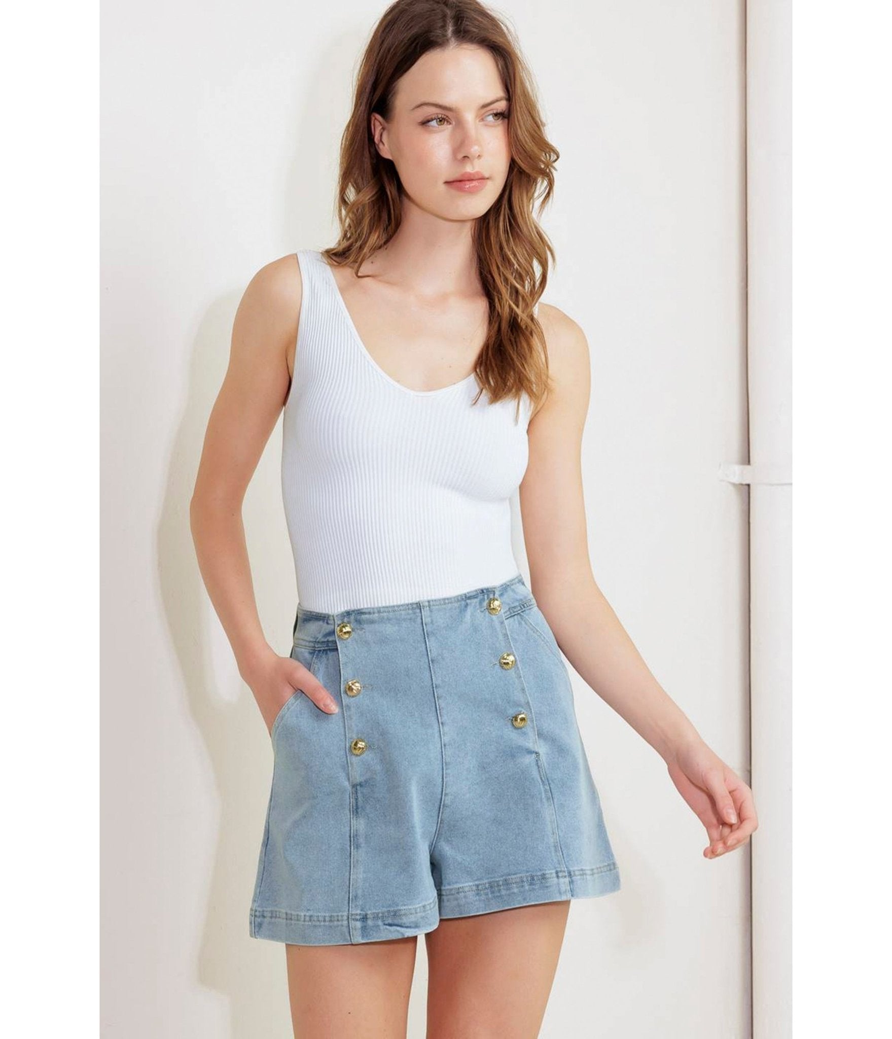 Light Blue Denim Chamomile Woven Shorts - Unique Vintage - Womens, BOTTOMS, SHORTS